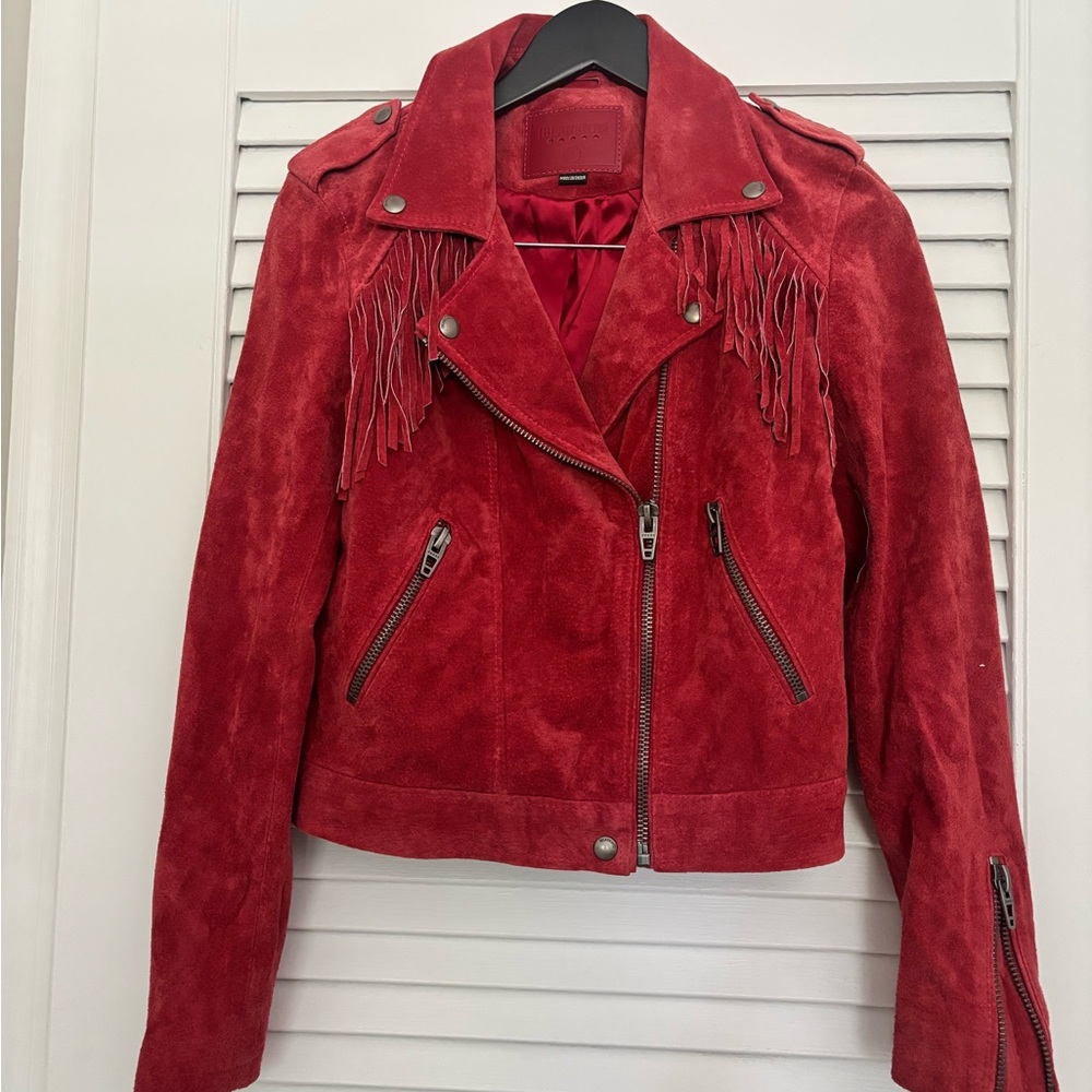Blank NYC Red Suede Fringe Moto Jacket